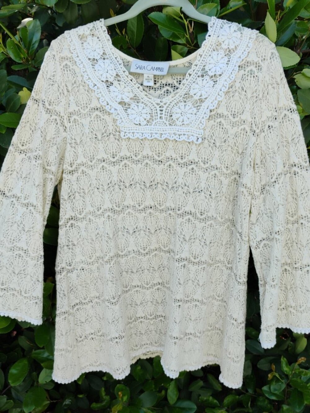Sara Campbell Crochet Lace Top Cream Ivory XL Made in USA Excellent